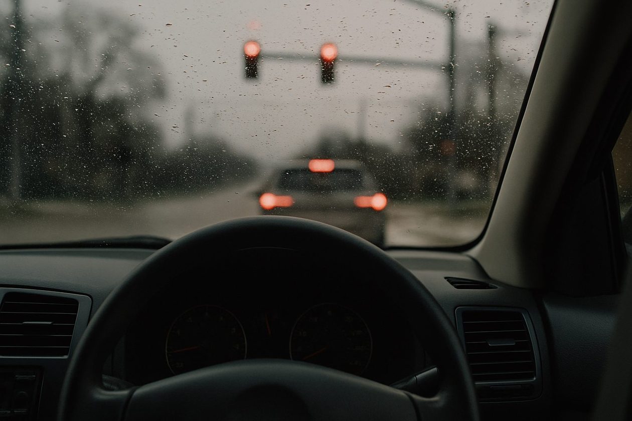 View over a steering wheel through a rain-speckled windshield at a suburban intersection, a red light and brake lights ahead