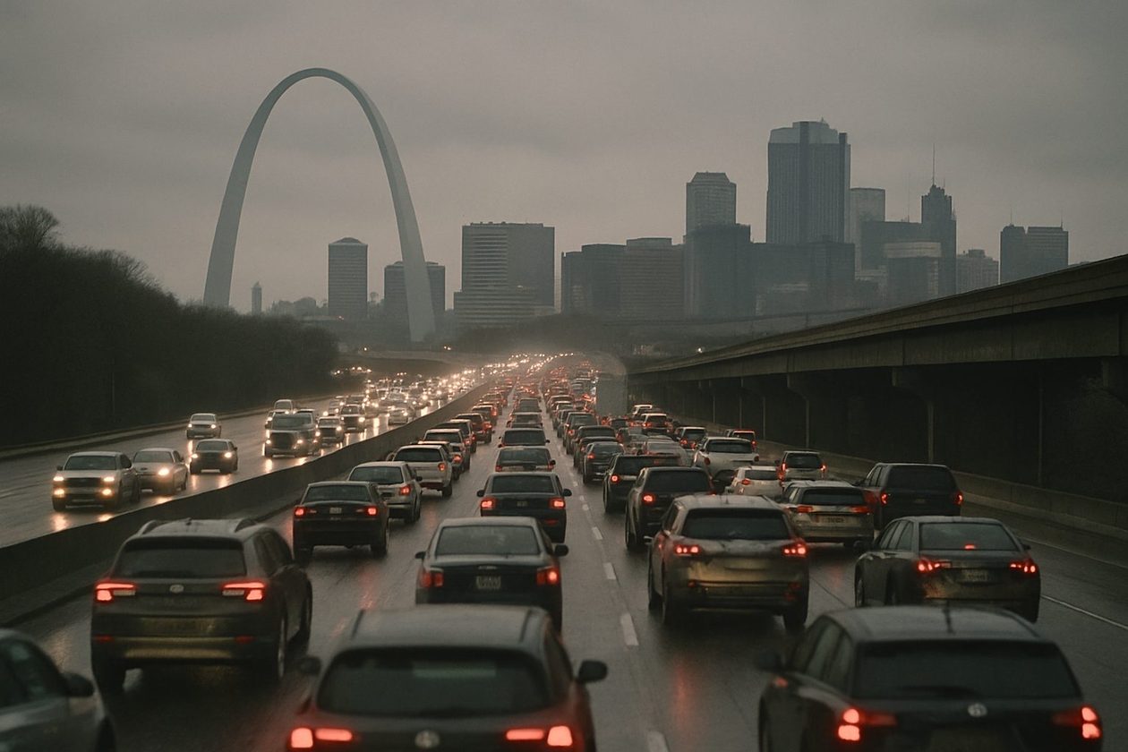 Dense morning traffic with brake lights on Interstate 55 approaching downtown St. Louis under an overcast sky, the Gateway Arch faint in the distance