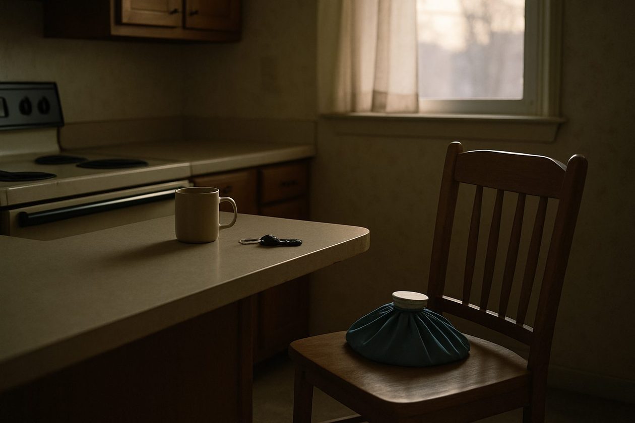 A modest kitchen counter at dawn with a coffee mug, car keys, and an ice pack resting on the seat of a wooden chair