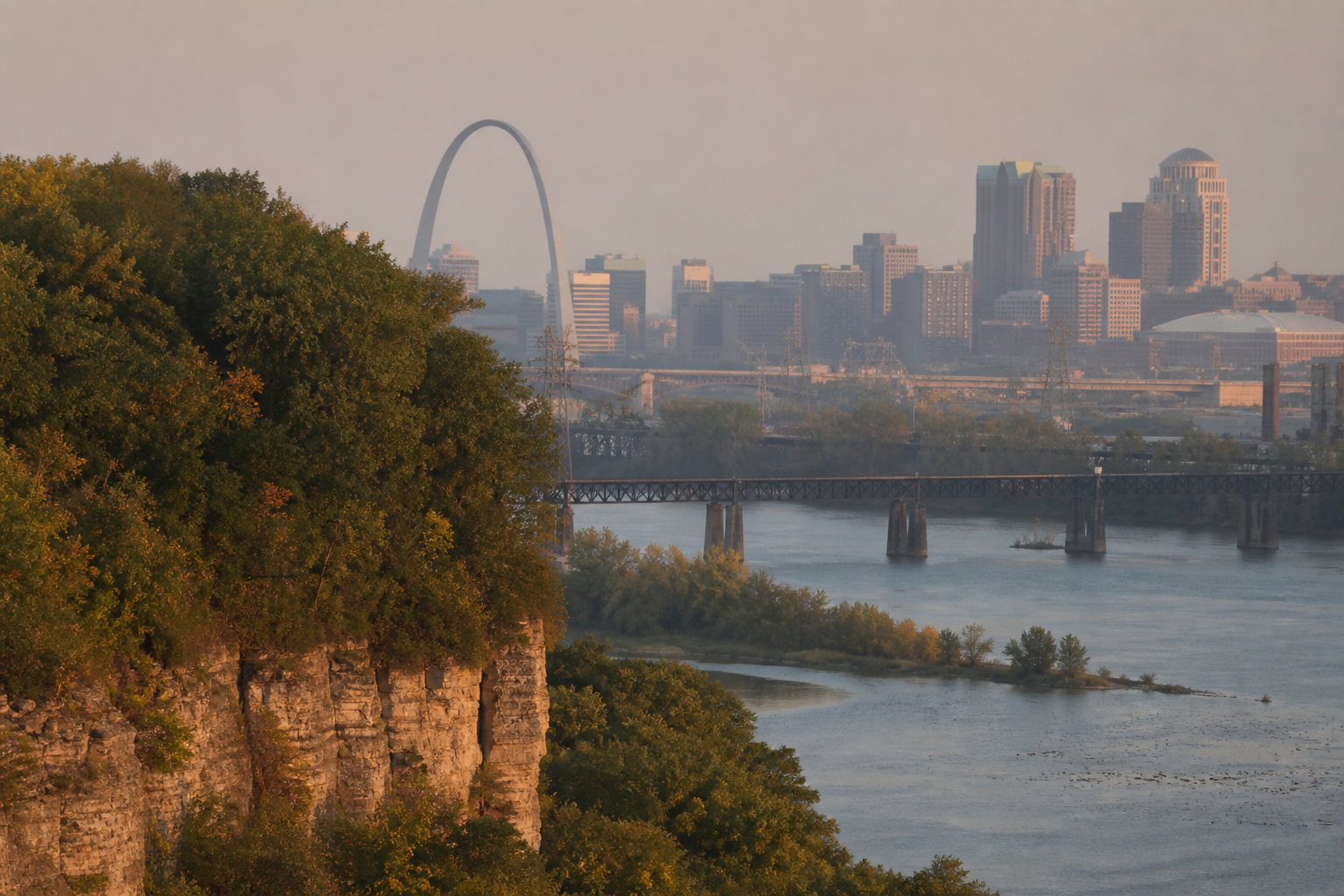 A limestone river bluff and a hazy St. Louis skyline in late afternoon light.