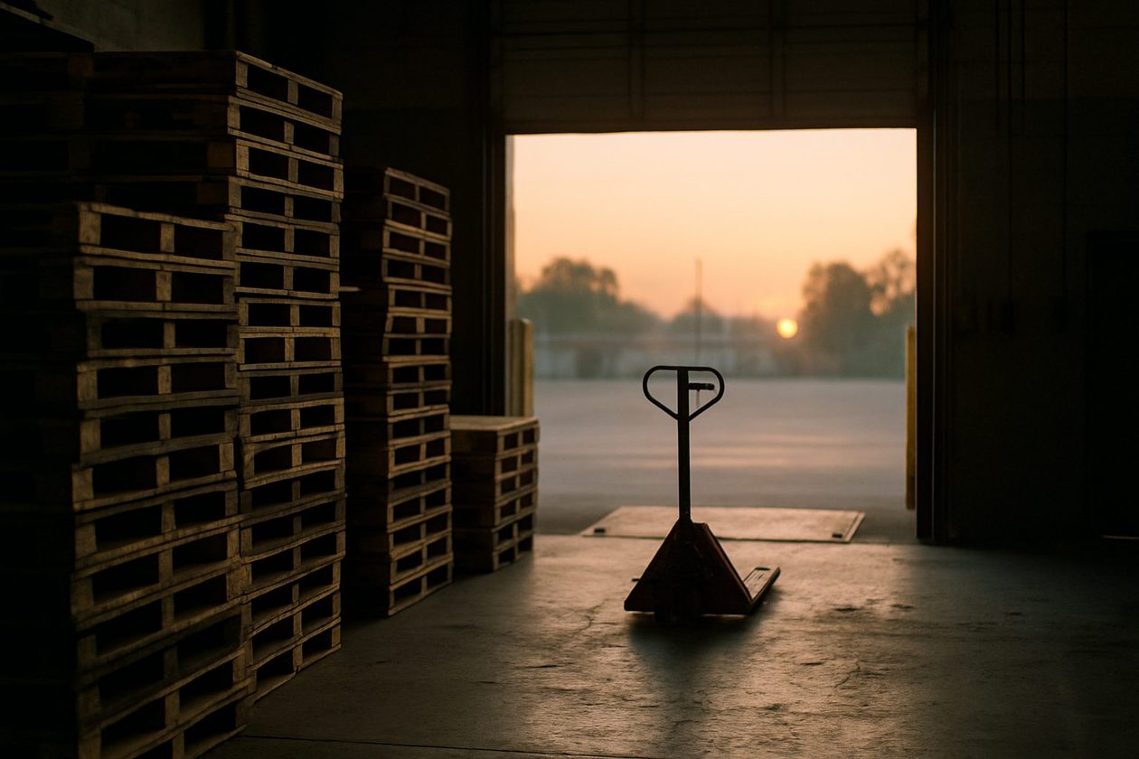 Stacked wooden pallets and a pallet jack at an open loading dock door with sunrise light spilling across the concrete floor